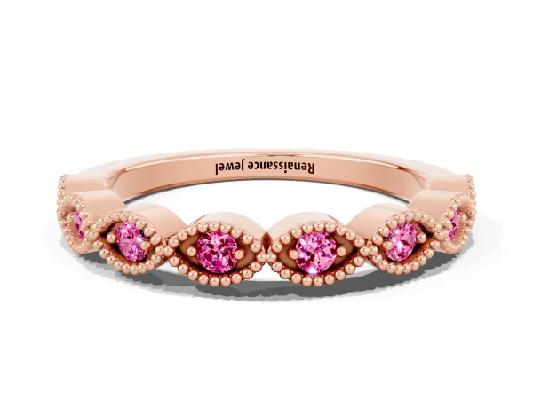 Milgrain Marquise Pink Sapphire Half Eternity Band with Bezel Setting Rose gold