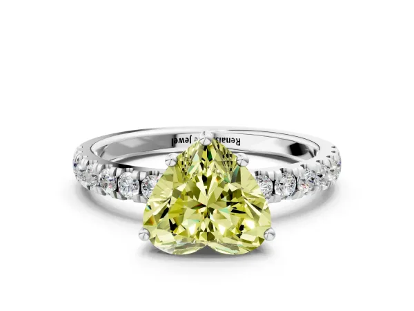 Fancy Yellow Heart Cut Diamond Pave Band Solitaire Ring with Round and Prong Setting Platinum