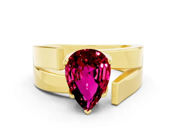 Modern Tension Set Pear Cut Garnet Solitaire Wide Band Ring Yellow gold