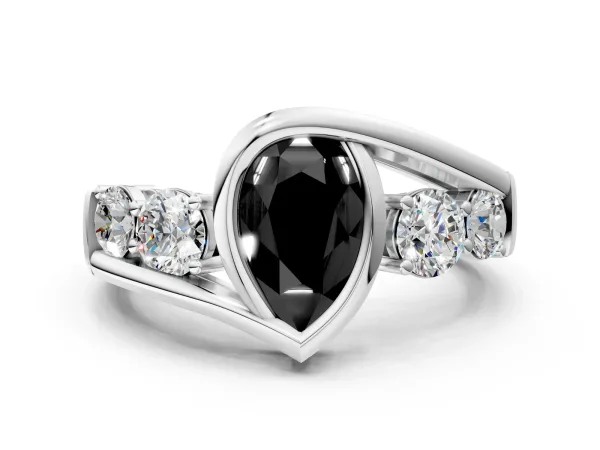 Fancy Black Bezel Set Pear Cut Diamond Bypass Ring with Round Accents Platinum