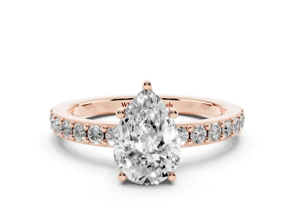 Pear Cut Cut Diamond Solitaire with Pave Band and Four-Prong Setting Rose gold