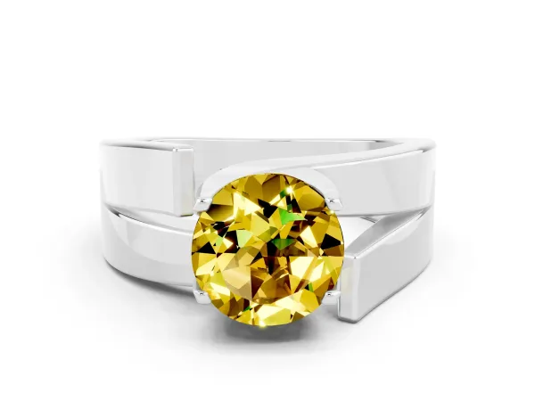 Modern Tension Set Round Cut Yellow Sapphire Solitaire Wide Band Ring Platinum