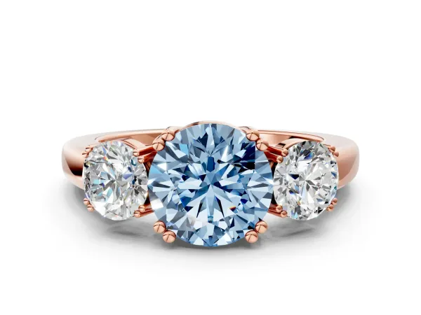Fancy Blue Three-Stone Round Cut Cut Diamond Ring with Channel Set Band and Four-Prong Setting Rose gold