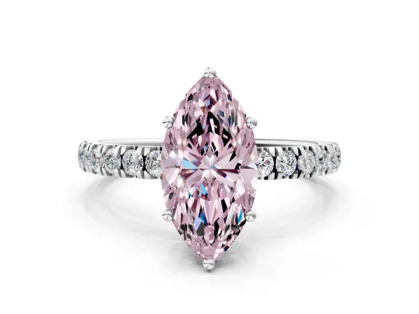 Fancy Pink Marquise Cut Diamond Pave Band Solitaire Ring with Round and Prong Setting White gold