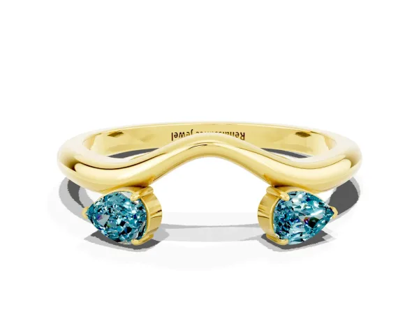 Pear Cut Blue Topaz Two-Stone Open Band Ring with Prong Setting Yellow gold