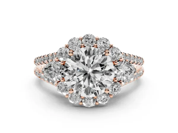 Round Cut Halo Split Shank Diamond Engagement Ring with Prong Setting Rose gold