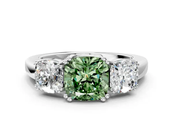 Fancy Green Three-Stone Cushion Cut Cut Diamond Ring with Channel Set Band and Four-Prong Setting White gold