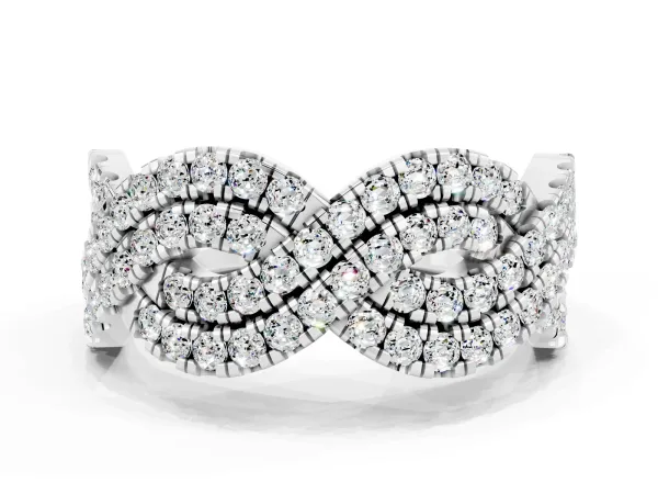 Pavé Round Moissanite Infinity Twist Band with Shared Prong Setting Platinum