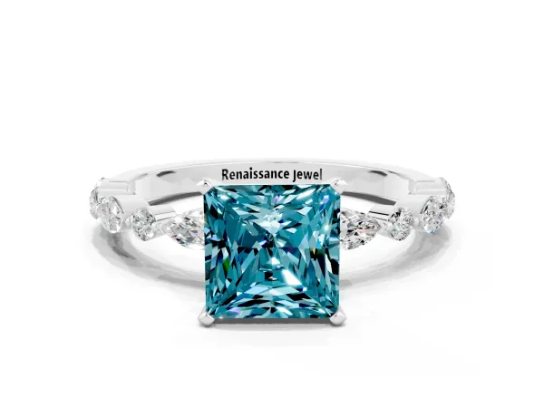 Princess Cut Blue Topaz Ring with Marquise and Round Side Stones and Four-Prong Setting White gold