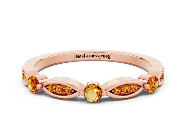 Marquise and Round Citrine Milgrain Band with Bezel Setting Rose gold