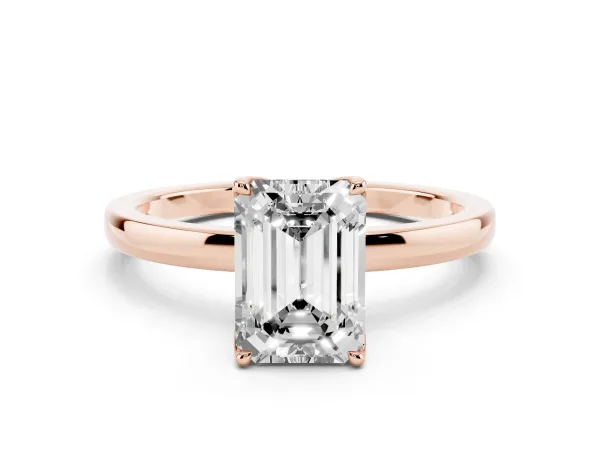 Emerald Cut Diamond Solitaire Ring with Thin Band and Prong Setting Rose gold