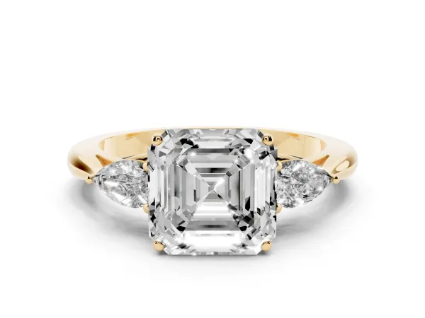 Asscher Cut Diamond Three-Stone Ring with Pear Side Stones and Prong Setting Yellow gold