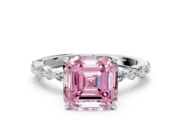 Fancy Pink Asscher Cut Diamond Ring with Marquise and Round Side Stones and Four-Prong Setting Platinum