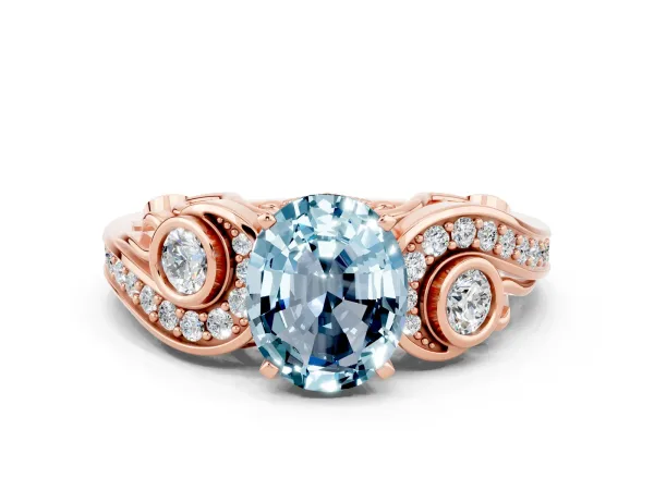 Oval Cut Aquamarine Solitaire Ring with Milgrain Pavé Band and Four-Prong Setting Rose gold