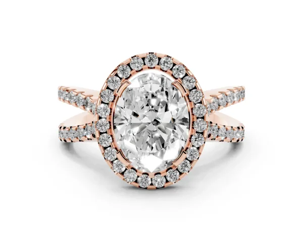 Oval Cut Diamond Halo Ring with Split Shank Pavé Band and Prong Setting Rose gold