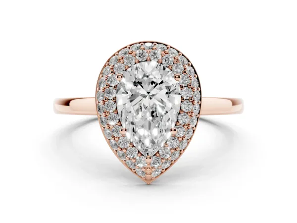 Pear Cut Halo Diamond Engagement Ring with Solitaire Band and Four-Prong Setting Rose gold