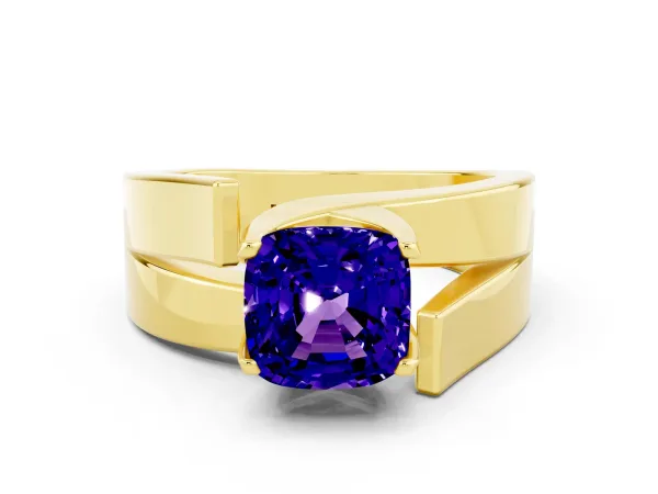 Modern Tension Set Cushion Cut Tanzanite Solitaire Wide Band Ring Yellow gold