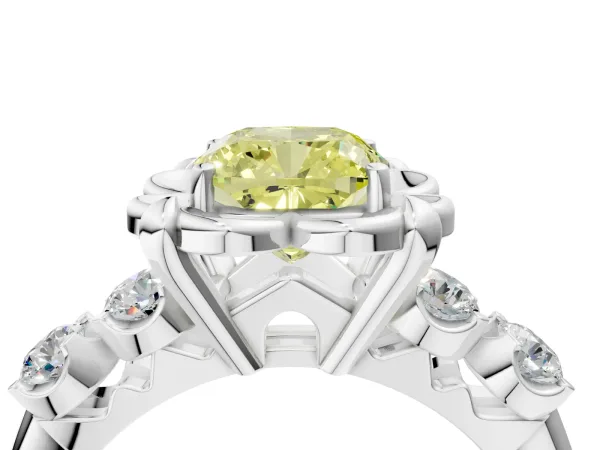 Fancy Yellow Cushion Cut Cut Diamond Floral Halo Engagement Ring with Shared Prong Setting Platinum