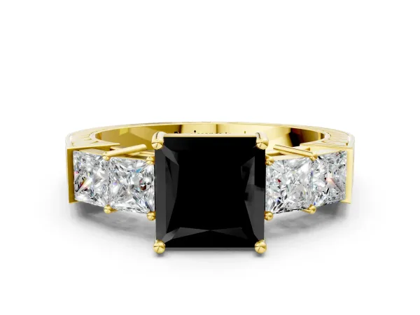 Fancy Black Princess Cut Solitaire Princess Side Stone Engraved Band Prong Setting Ring Yellow gold