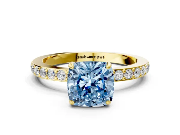 Fancy Blue Cushion Cut Diamond Solitaire Engagement Ring with Pavé Band and Four-Prong Setting Yellow gold