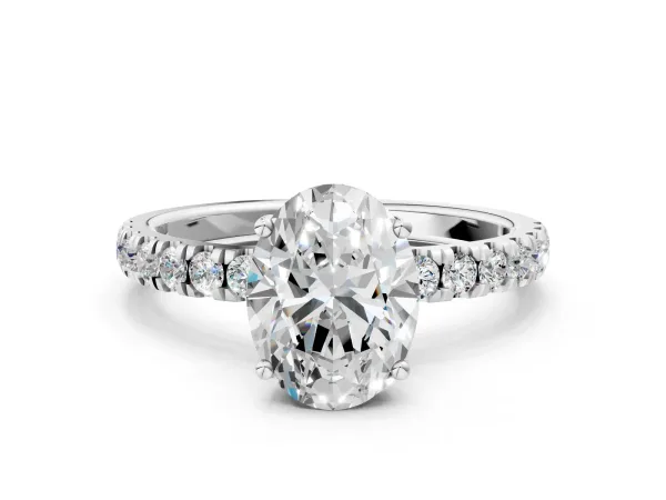 Oval Cut Diamond Pave Band Solitaire Ring with Round and Prong Setting White gold