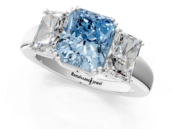 Fancy Blue Three-Stone Radiant Cut Cut Diamond Ring with Channel Set Band and Four-Prong Setting Silver