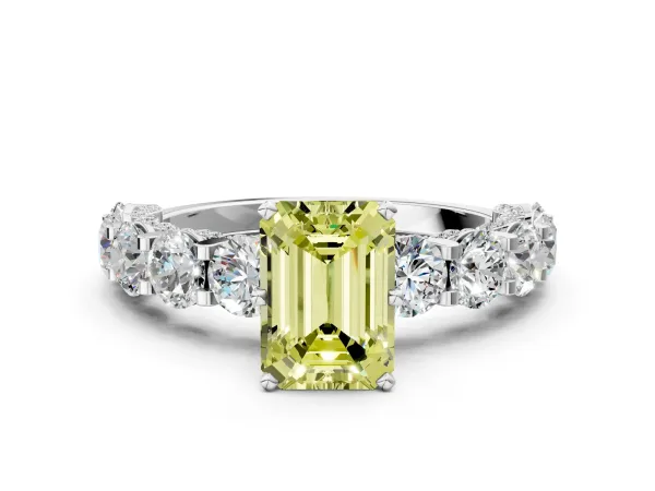 Fancy Yellow Emerald Cut Diamond Side Stone Engagement Ring with Four-Prong Setting Platinum