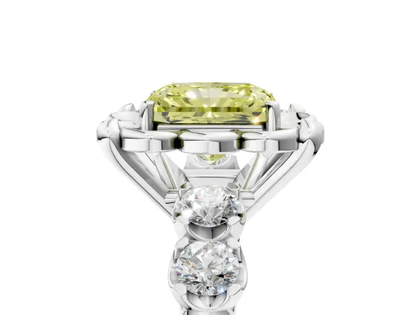 Fancy Yellow Radiant Cut Cut Diamond Floral Halo Engagement Ring with Shared Prong Setting Platinum