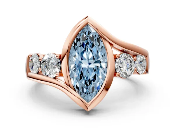 Fancy Blue Bezel Set Marquise Cut Diamond Bypass Ring with Round Accents Rose gold
