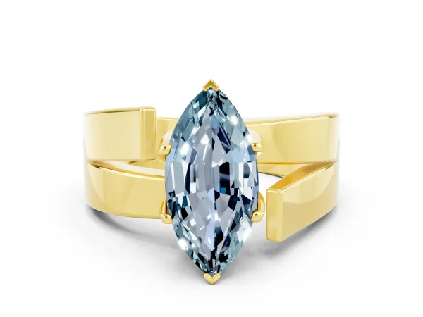 Modern Tension Set Marquise Cut Aquamarine Solitaire Wide Band Ring Yellow gold