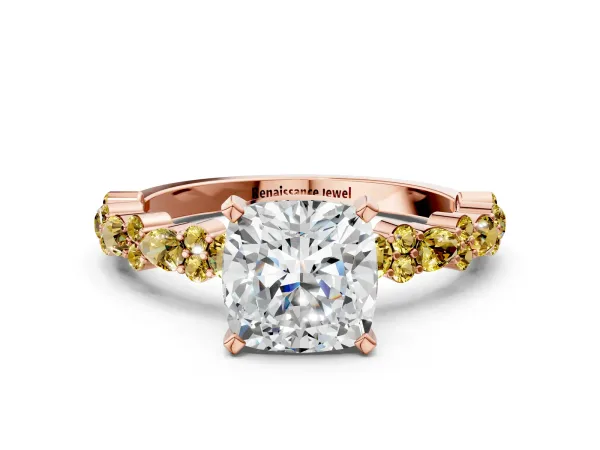 Cushion Cut Diamond Side Stone Solitaire Ring with Round Yellow Sapphire and Four-Prong Setting Rose gold