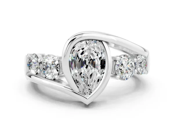 Bezel Set Pear Cut Moissanite Bypass Ring with Round Accents Platinum