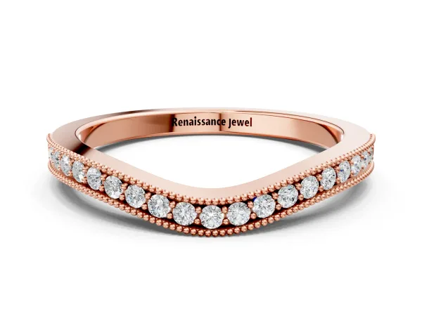 Pavé Round Diamond Curved Band with Milgrain Edge Rose gold