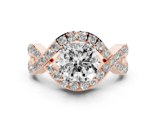 Cushion Cut Solitaire Twist Band Pavé Diamond Engagement Ring Rose gold
