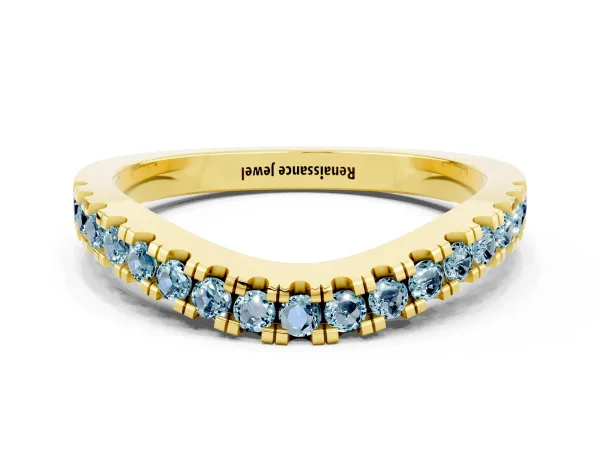 Round Aquamarine Pavé Curved Band with Shared Prong Setting Yellow gold