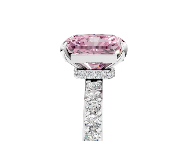 Fancy Pink Radiant Cut Diamond Solitaire Engagement Ring with Pavé Band and Four-Prong Setting Silver