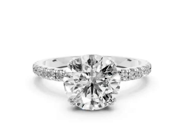 Round Cut Brilliant Solitaire with Pavé Band and Claw Prong Setting White gold