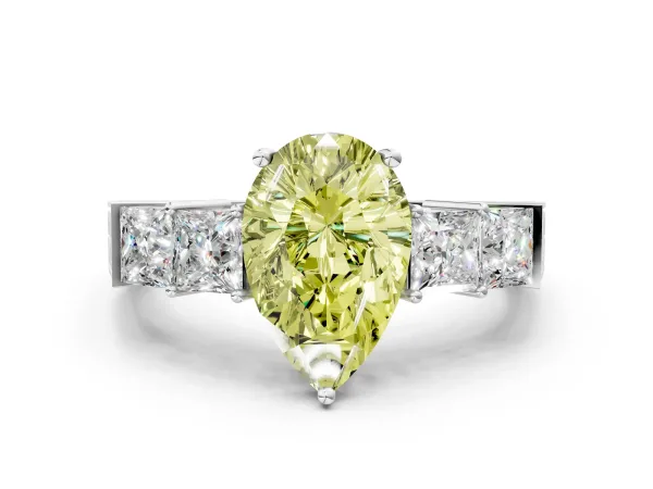 Fancy Yellow Pear Cut Solitaire Princess Side Stone Engraved Band Prong Setting Ring Platinum