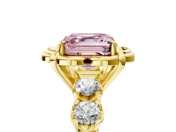 Fancy Pink Asscher Cut Cut Diamond Floral Halo Engagement Ring with Shared Prong Setting Yellow gold