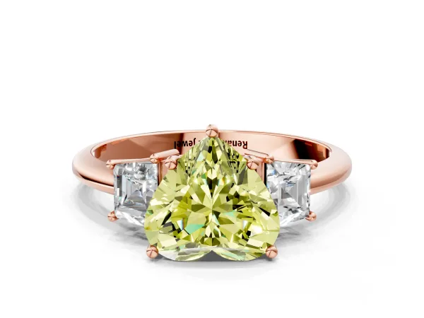 Fancy Yellow Heart Cut Diamond Three-Stone Ring with Trapezoid Side Stones and Prong Setting Rose gold