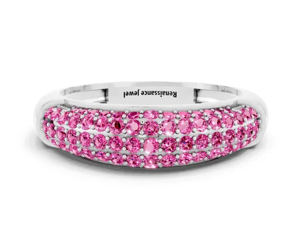 Three-Row Pavé Round Pink Sapphire Dome Band Platinum