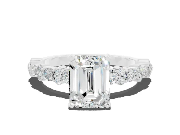 Emerald Cut Moissanite Side Stone Solitaire Ring with Round and Four-Prong Setting White gold