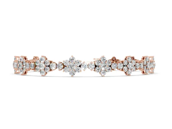 Round Diamond Floral Cluster Tennis Bracelet with Prong Setting Rose gold