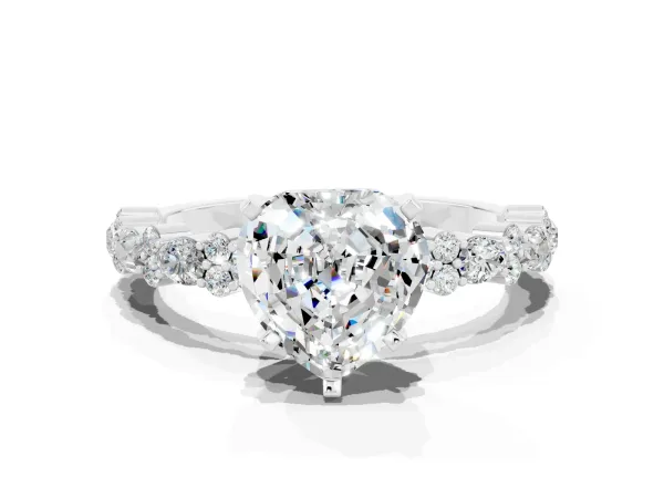 Heart Cut Moissanite Side Stone Solitaire Ring with Round and Four-Prong Setting Platinum