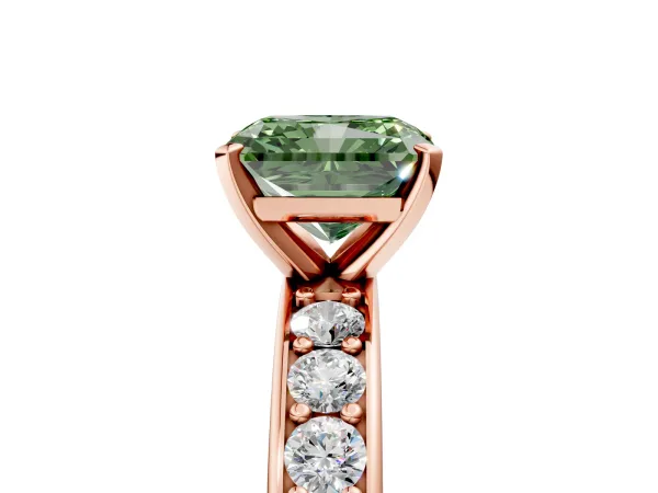 Fancy Green Radiant Cut Diamond Engagement Ring with Channel Set Round Band and Prong Setting Rose gold