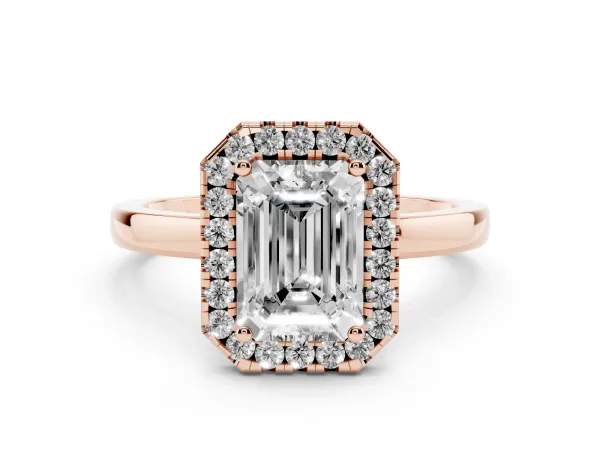 Emerald Cut Halo Diamond Solitaire with Pavé Band and Four-Prong Setting Rose gold