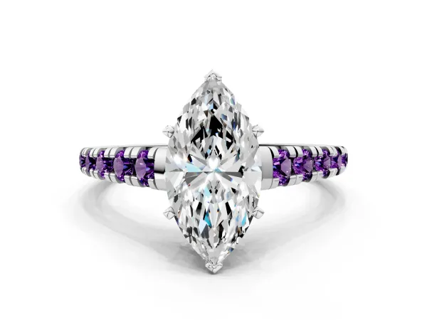 Marquise Cut Diamond Cathedral Solitaire Ring with Round Amethyst Pavé Band White gold