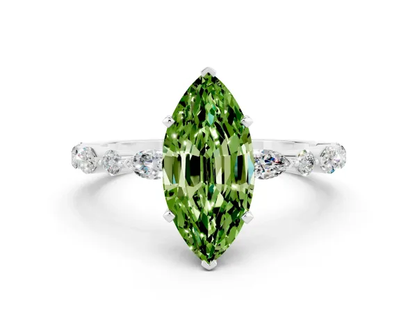 Marquise Cut Peridot Ring with Marquise and Round Side Stones and Four-Prong Setting White gold