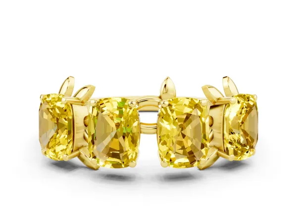 Four-Stone Elongated Cushion Yellow Sapphire Band with Nature-Inspired Prong Setting Yellow gold
