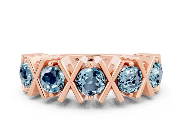 Round Aquamarine Channel Set Band with X-Prong Detail Rose gold